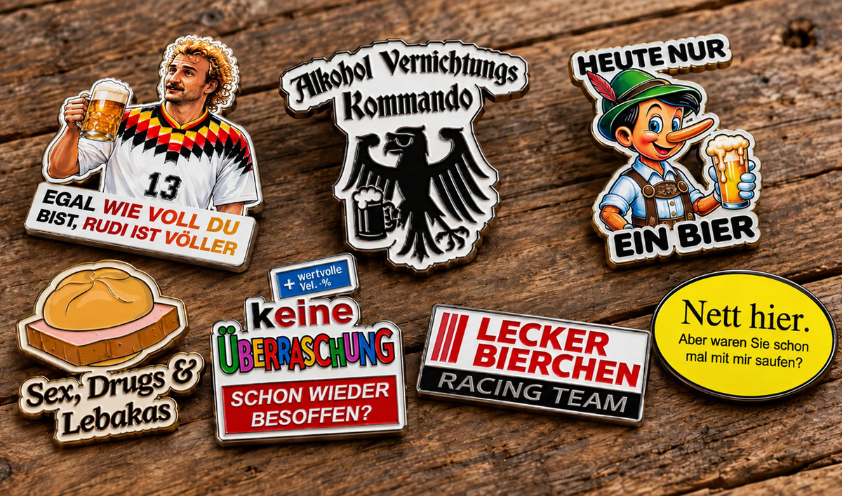 Lustige Anstecker mit Sprüchen auf einem Holztisch